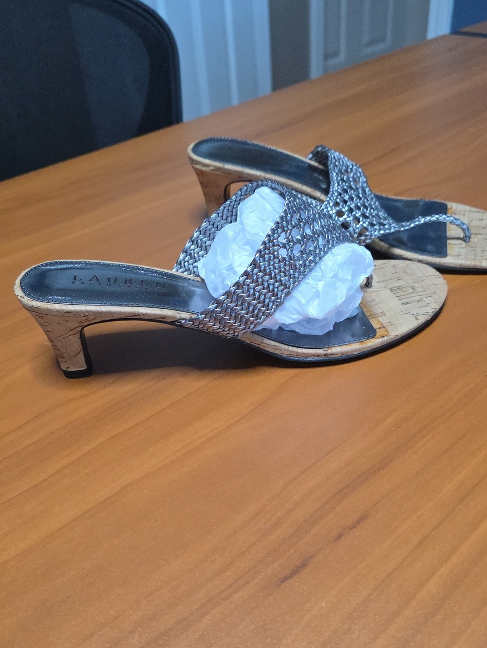 Lauren By Ralph Lauren Braided Metallic Cork Mules in Gold